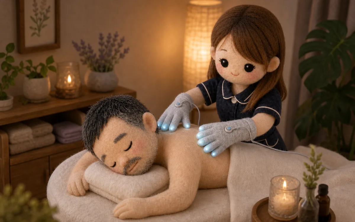 微弱電流用グローブで首肩をやさしくケアするイメージ