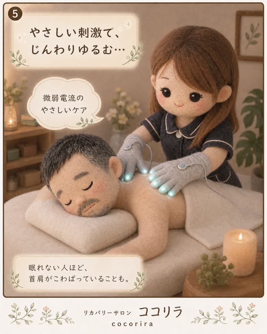 やさしい刺激で、じんわりゆるむ。眠れない人ほど、首肩がこわばっていることも。